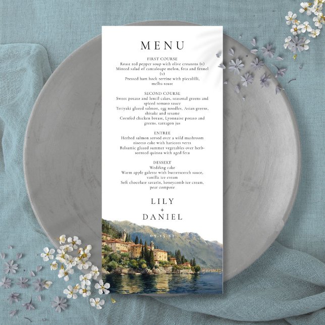 Watercolor Sjö Como Italien Destination Wedding Meny (Watercolor Lake Como Italy Destination Wedding Menu)