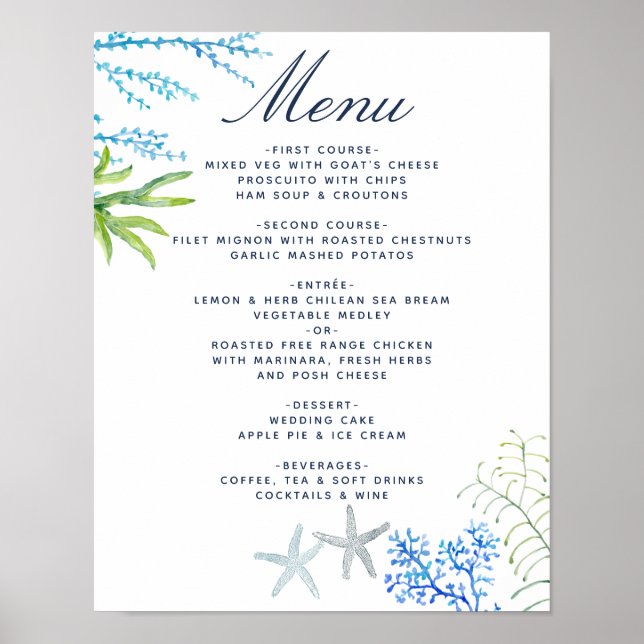 Watercolor Sjögräs Beach Wedding Menu Poster (Framsidan)