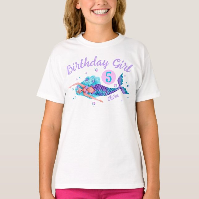 Watercolor Sjöjungfru Birthday Girl T Shirt (Framsida)