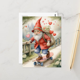 Watercolor Skateboarding Valentine Gnome Vykort