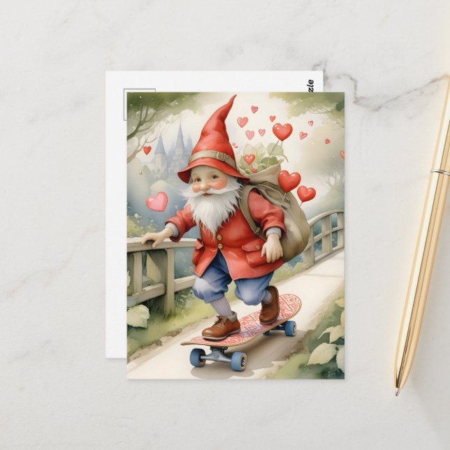 Watercolor Skateboarding Valentine Gnome Vykort (Fram/Back In Situ)
