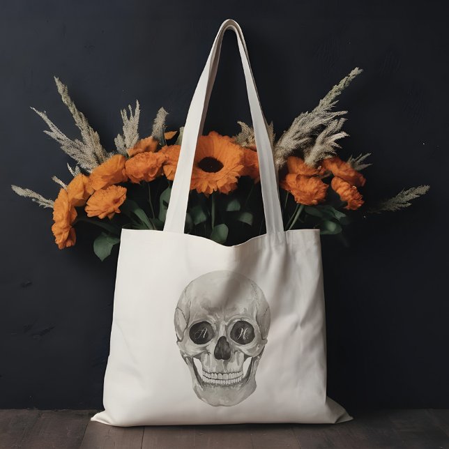 Watercolor Skeleton Head Gothic Anpassningsbar Mon Tygkasse (Watercolor Skeleton Head Gothic Custom Monogram Tote Bag)