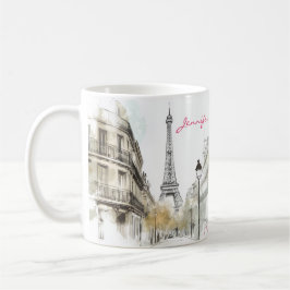 Watercolor Sketch of Paris City with Woman Coffee Kaffemugg