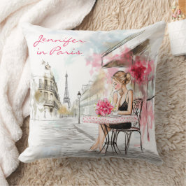 Watercolor Sketch of Paris City with Woman Coffee Kudde