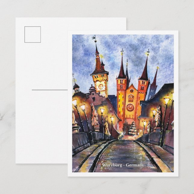 Watercolor Sketch old main bridge Wurzburg Germany Vykort (Fram/baksida)