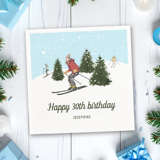 Watercolor Skier Women Winter Birthday Party Pappersservett (Skapare uppladdad)