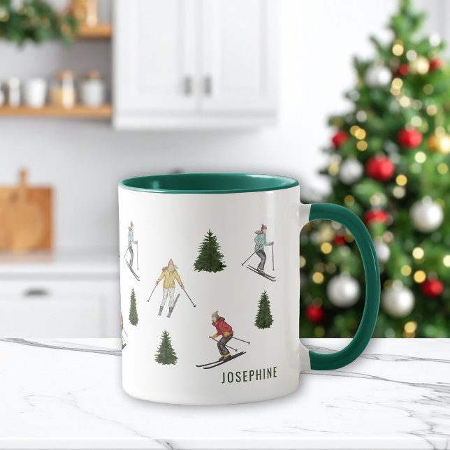 Watercolor Skiers And Fir Trees With Name Festive Mugg (Skapare uppladdad)
