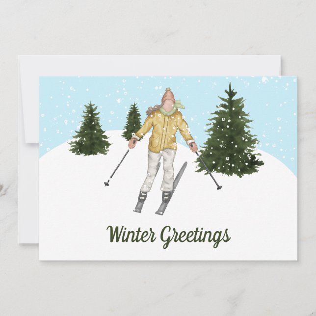 Watercolor Skiing Woman Custom Winter Greetings Julkort (Framsida)