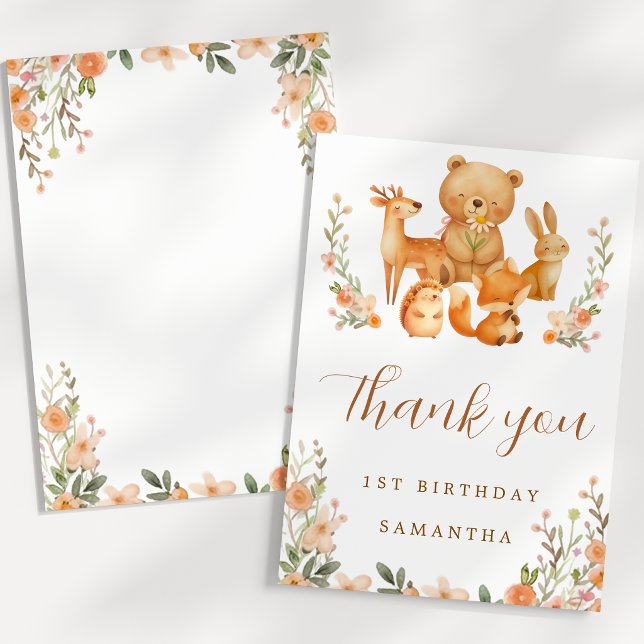 Watercolor Skogs Djur 1-årsdag    Tack Kort (Watercolor Woodland Animals 1st Birthday Thank You Card)