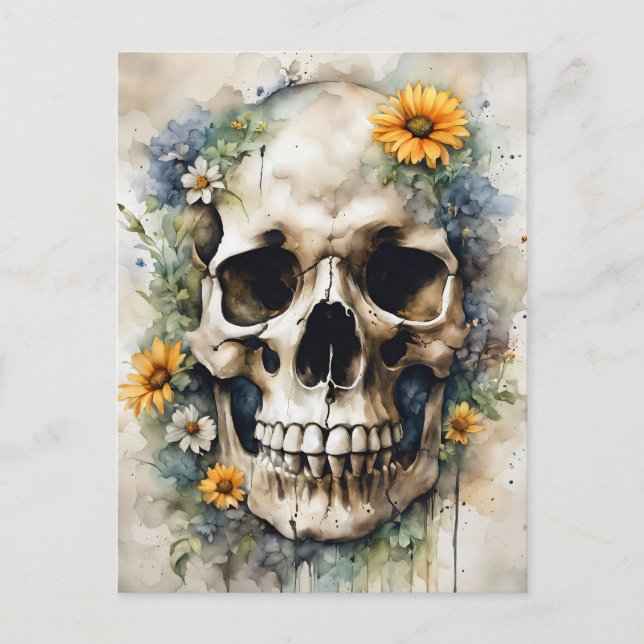 Watercolor Skull med Wildblommor Vykort (Framsida)