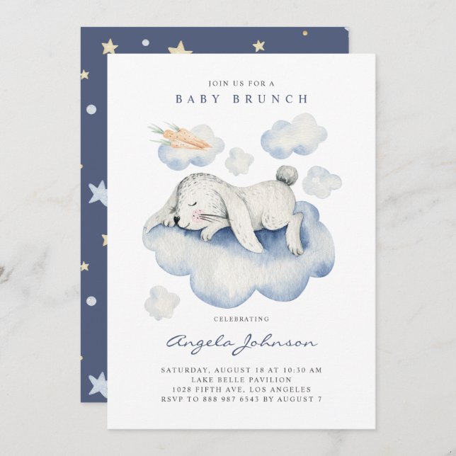 Watercolor Sleeping Baby Rabbit Baby Brunch Inbjudningar (Fram/baksida)