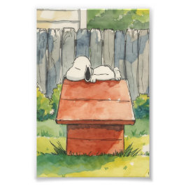 Watercolor Sleeping Dog on Red Doghouse Art Fototryck