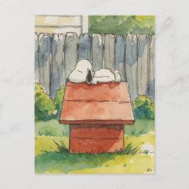 Watercolor Sleeping Dog on Red Doghouse Art Helg Vykort