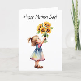 Watercolor Småbarn Holding a Bouquet of Sunblommor Tack Kort
