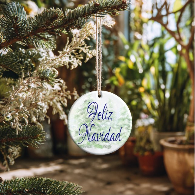 Watercolor Snö Scene Feliz Navidad Julgransprydnad Keramik (Artistic Dual-Use! Our watercolor inspired ornament doubles as a luxury gift tag.)