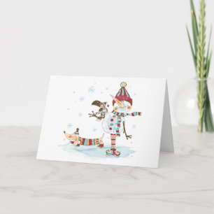 Watercolor Snögubbe och Dachshund Helgkort