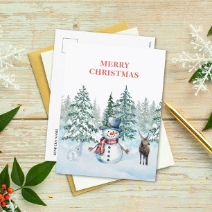 Watercolor Snögubbe Rabbit och Reindeer jul Helg Vykort