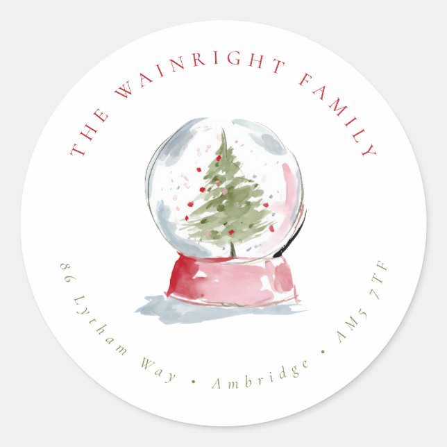 Watercolor Snow Globe Holiday Return Address Label Runt Klistermärke (Framsida)
