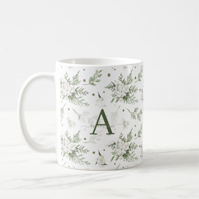 Watercolor Snowberry White Cedar Gren jul Kaffemugg (Vänster)