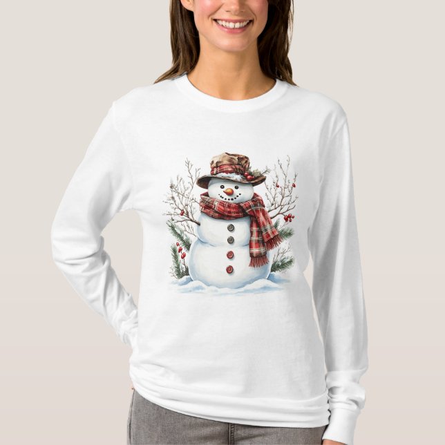 Watercolor Snowman Classic Plaid Scarf Winter T Shirt (Framsida)