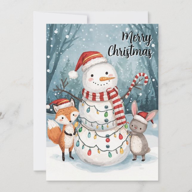 Watercolor Snowman Fox Bunny Woodland Christmas Julkort (Framsida)