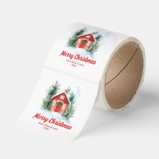Watercolor Snowy Cottage Christmas Stickers Roll Runt Klistermärke