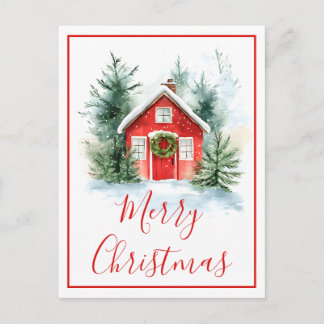 Watercolor Snowy Cottage Merry Christmas Card Helg Vykort