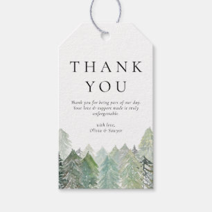 Watercolor Snowy Evergreen Forest Bröllop Presentetikett