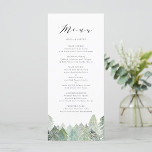 Watercolor Snowy Evergreen Forest Script Bröllop Meny