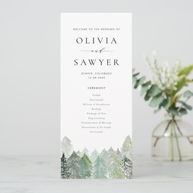 Watercolor Snowy Evergreen Woodland Winter Wedding Program (Stående Fram)