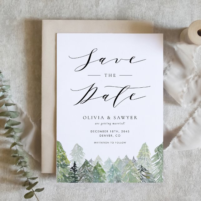Watercolor Snowy Evergreen Woodland Winter Wedding Spara Datumet (Customizable save the date card featuring snowy watercolor pine forest, perfect for winter weddings.)
