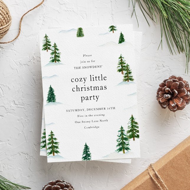Watercolor Snowy Pine Tree Forest Christmas Party Inbjudningar (Elegant and clean Christmas party invitation with watercolor pine trees in a snowy forest.)