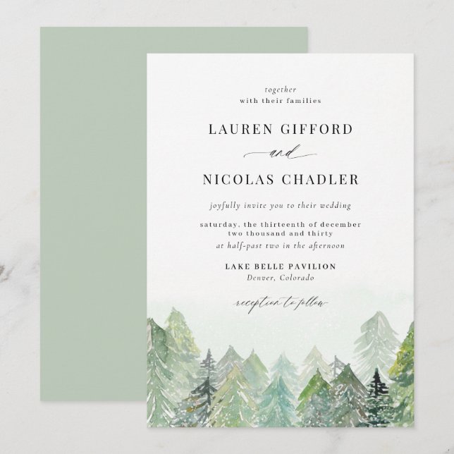 Watercolor Snowy Woodland Winter Wedding Inbjudningar (Fram/baksida)