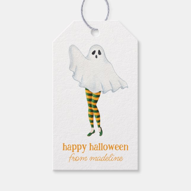 Watercolor Snyggt Mode Ghost Halloween Presentetikett (Framsidan)