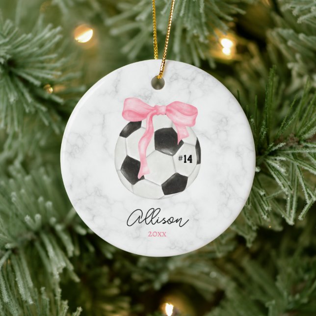 Watercolor Soccer Ball med Rosa Coquette Bow Julgransprydnad Keramik (Träd)