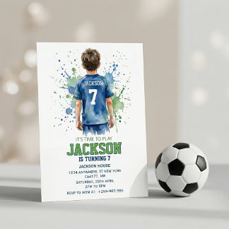 Watercolor Soccer Football Boy Birthday Invitation Inbjudningar