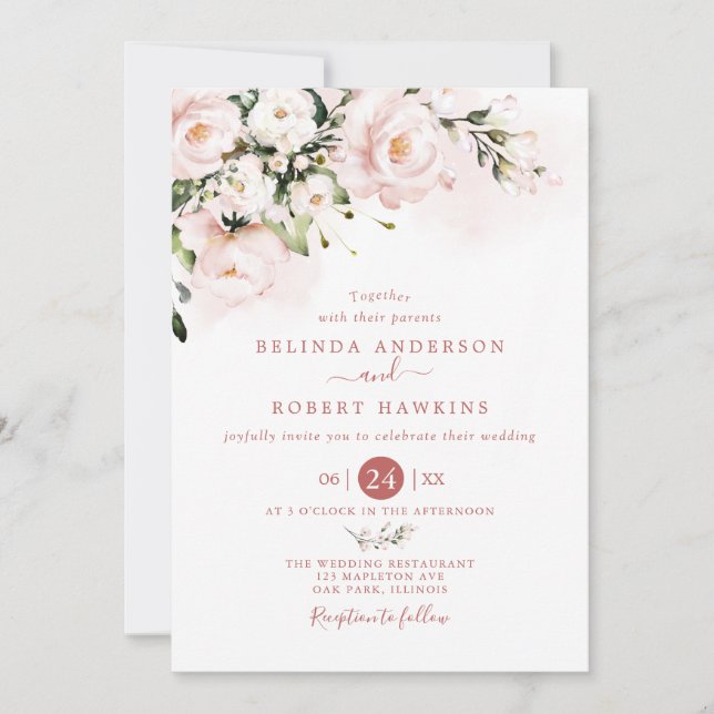 Watercolor soft blush pink floral Wedding Inbjudningar (Framsida)