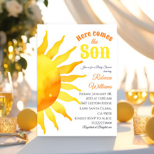 Watercolor Sol här kommer Son Sunshine Baby Shower Inbjudningar