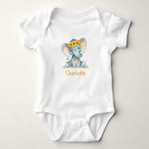 Watercolor Solros Blommigt Baby Elephant T Shirt