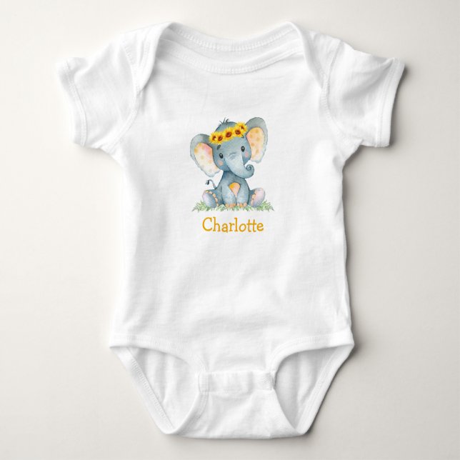 Watercolor Solros Blommigt Baby Elephant T Shirt (Framsida)