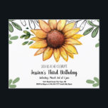 Watercolor Solros Kid Födelsedagsfest inbjudan<br><div class="desc">Perfekt för vår och sommar-party. Solrosfärgen var hand plockade och färgade med vattenfärger. Löven i bakgrunden var hand plockade och digitalt färgad. Söt och lätt rustik solrosdesign. Enkel att använda mall. Artwork by Valarie Wade.</div>