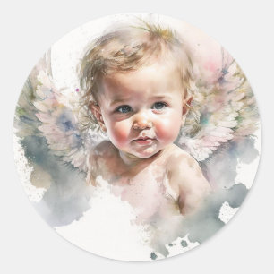 Watercolor söt Angel Baby Baptism Runt Klistermärke