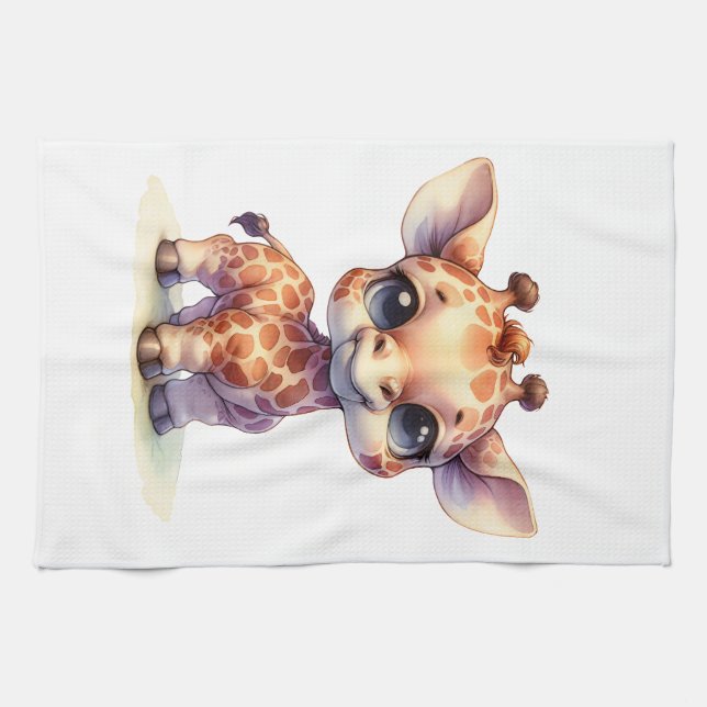Watercolor söt baby giraffe kökshandduk (Horisontell)