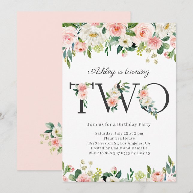 Watercolor Söt Blommigt Girl Second Birthday Inbjudningar (Fram/baksida)
