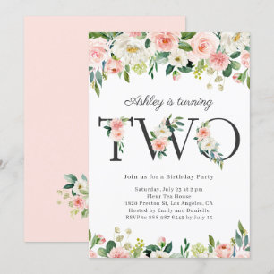 Watercolor Söt Blommigt Girl Second Birthday Inbjudningar