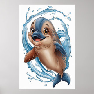 Watercolor söt delphin-för barn poster