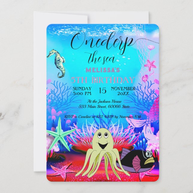 Watercolor Söta Sea Animals Födelsedagsfest Inbjudningar (Framsida)