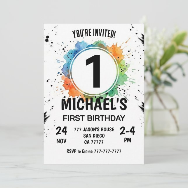 Watercolor Splash Boy First Birthday Inbjudningar (Stående Fram)