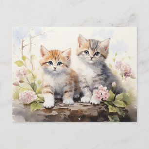 Watercolor Springtime Kittens Rosa Geraniums Vykort