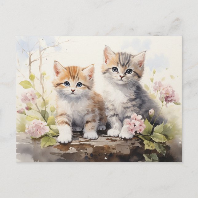 Watercolor Springtime Kittens Rosa Geraniums Vykort (Framsida)